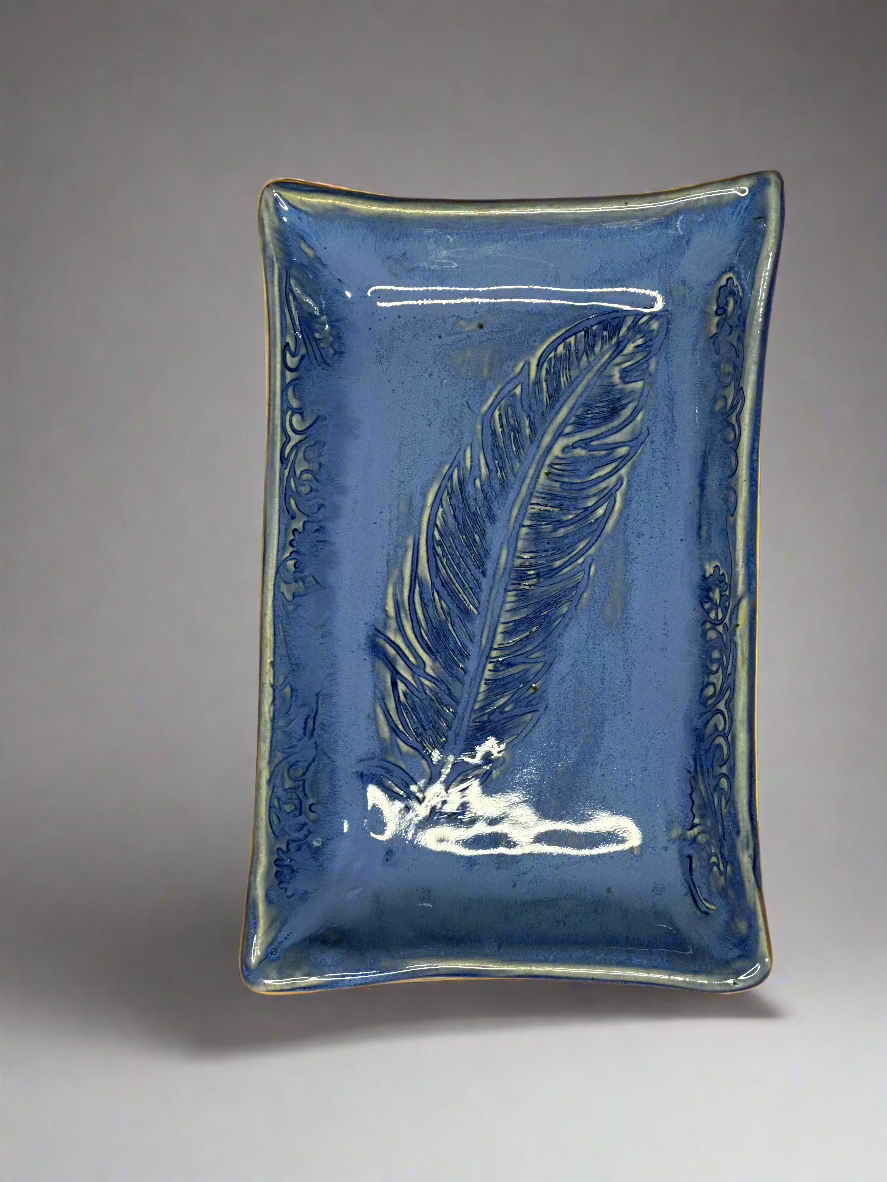 Handmade  Blue Porcelain  Tray  | Intricate Carvings